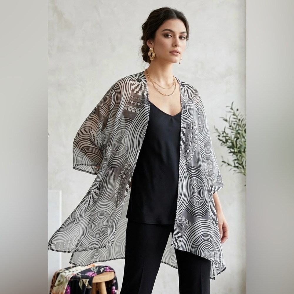 Pineda Covalin Mexico Black & White Geometric Silk Open Kimono Cardigan OS